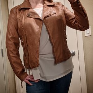 Max Studio Washed Faux Leather Moto Jacket (Cognac brown)